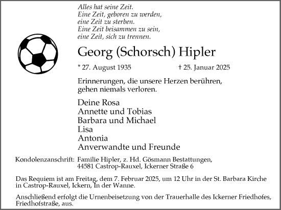Traueranzeige von Georg Hipler von Stadtanzeiger Castrop-Rauxel