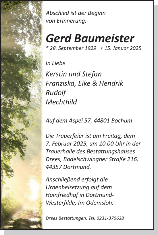 Traueranzeige von Gerd Baumeister von Stadtanzeiger Castrop-Rauxel