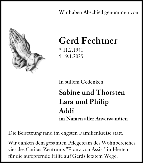 Traueranzeige von Gerd Fechtner von Trauer Vest