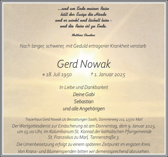 Traueranzeige von Gerd Nowak von Trauer Vest