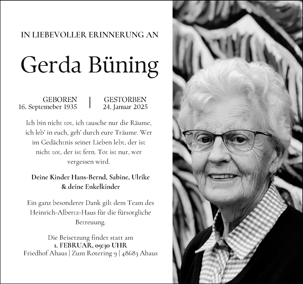  Traueranzeige für Gerda Büning vom 28.01.2025 aus Münsterland Zeitung