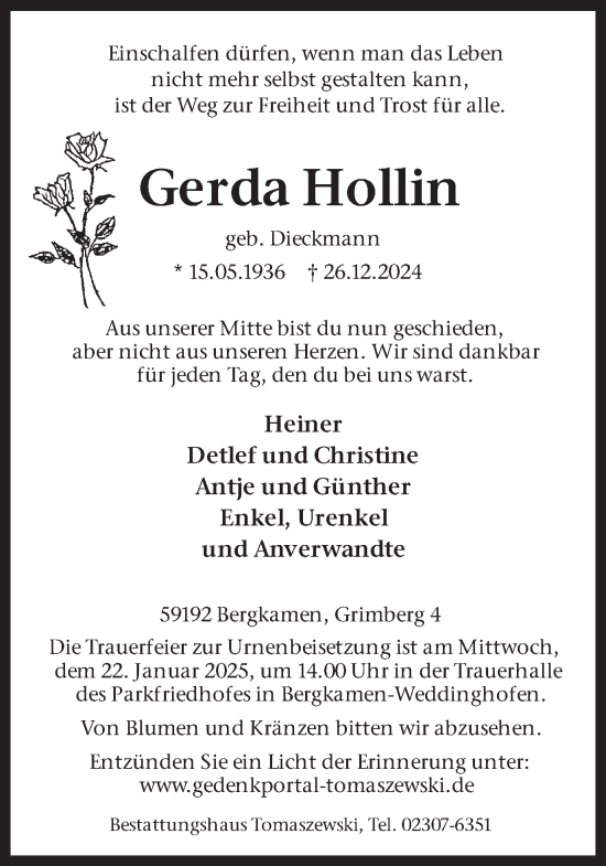 Traueranzeige von Gerda Hollin von Hellweger Anzeiger