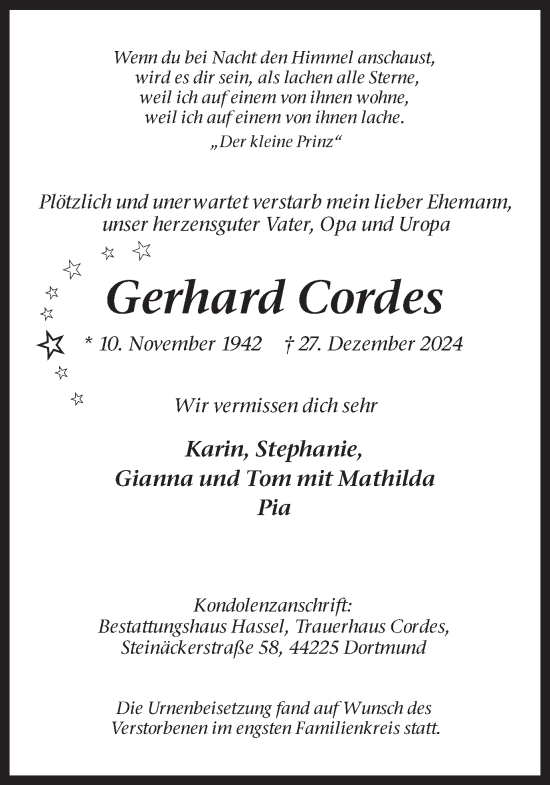 Traueranzeige von Gerhard Cordes von Ruhr Nachrichten