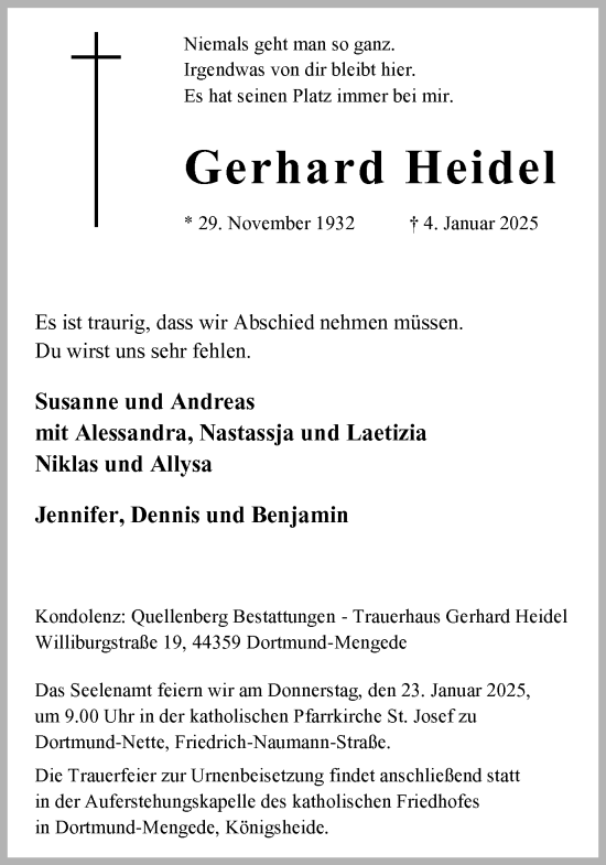 Traueranzeige von Gerhard Heidel von Ruhr Nachrichten