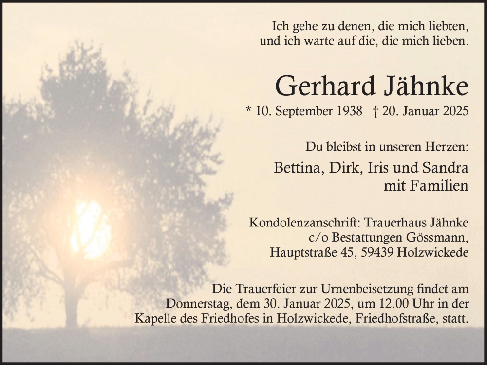  Traueranzeige für Gerhard Jähnke vom 25.01.2025 aus Hellweger Anzeiger