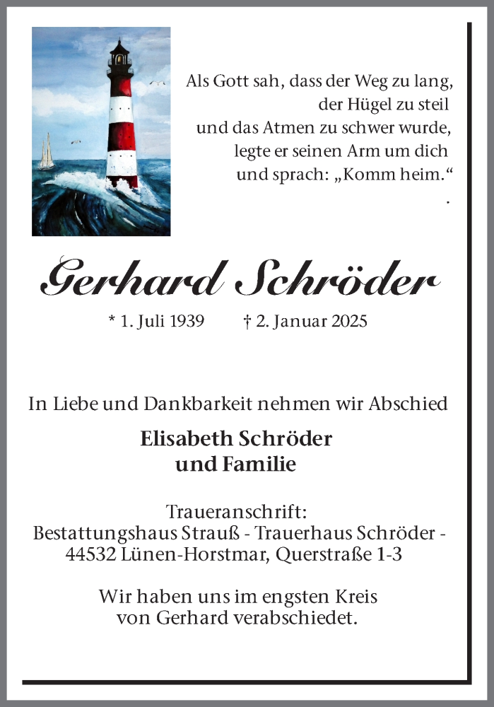  Traueranzeige für Gerhard Schröder vom 18.01.2025 aus Ruhr Nachrichten