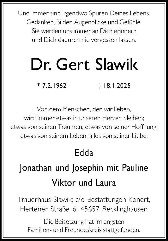  Traueranzeige für Gert Slawik vom 01.02.2025 aus Trauer Vest