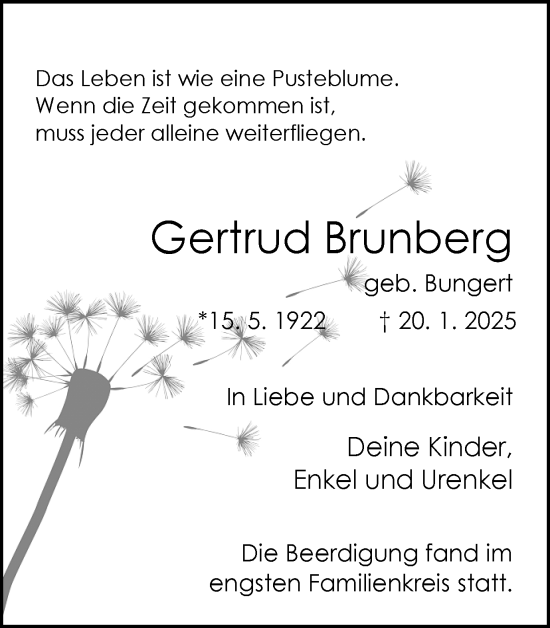 Traueranzeige von Gertrud Brunberg von Ruhr Nachrichten und Dorstener Zeitung