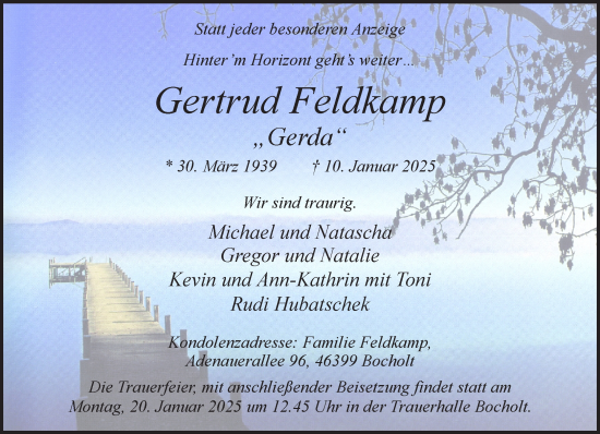 Traueranzeige von Gertrud Feldkamp 