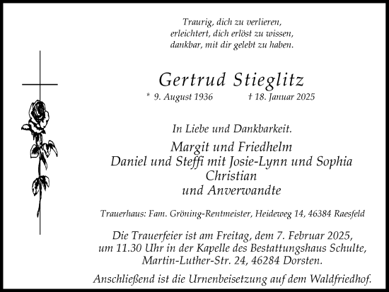 Traueranzeige von Gertrud Stieglitz von Ruhr Nachrichten und Dorstener Zeitung