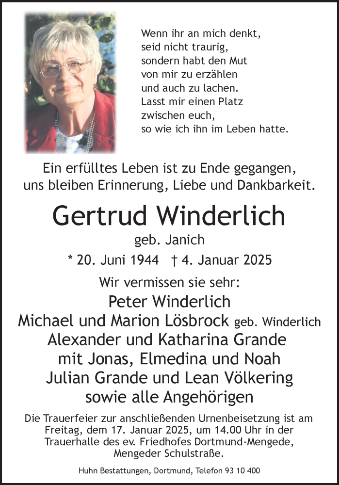  Traueranzeige für Gertrud Winderlich vom 11.01.2025 aus Ruhr Nachrichten