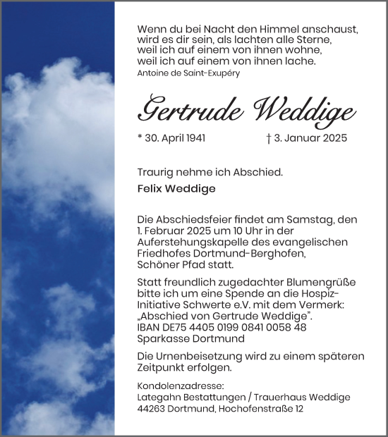 Traueranzeige von Gertrude Weddige von Ruhr Nachrichten