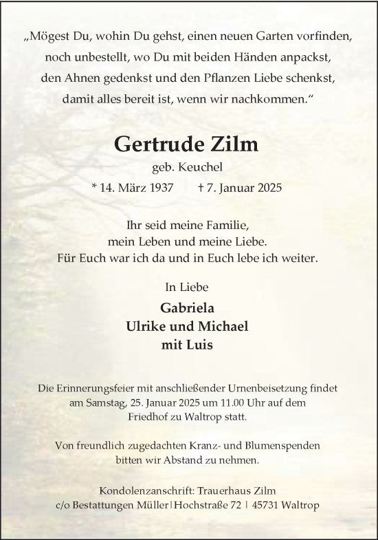 Traueranzeige von Gertrude Zilm von Trauer Vest