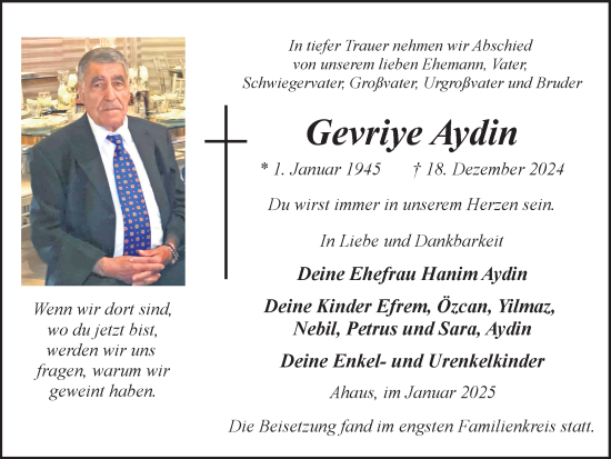 Traueranzeige von Gevriye Aydin von Münsterland Zeitung