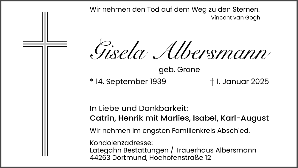  Traueranzeige für Gisela Albersmann vom 11.01.2025 aus Ruhr Nachrichten