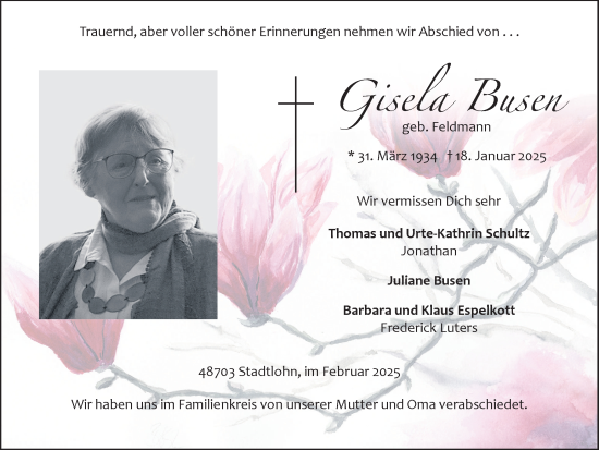 Traueranzeige von Gisela Busen von Münsterland Zeitung
