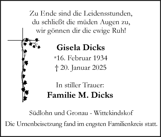 Traueranzeige von Gisela Dicks von Münsterland Zeitung