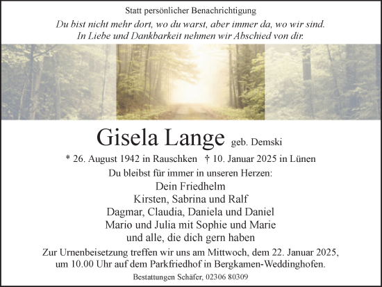 Traueranzeige von Gisela Lange von Hellweger Anzeiger