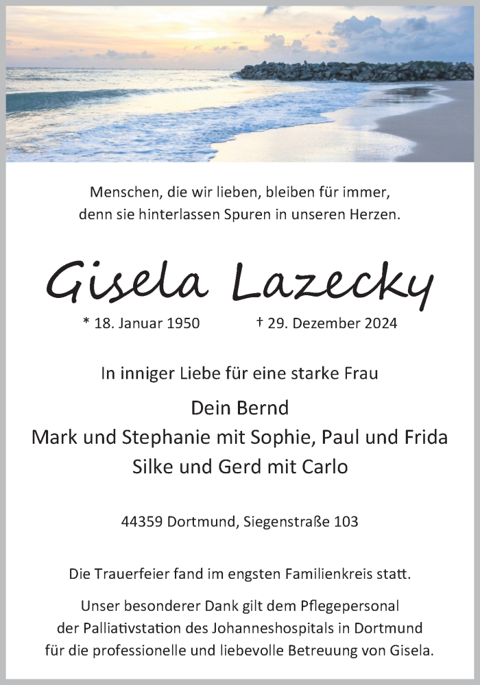  Traueranzeige für Gisela Lazecky vom 18.01.2025 aus Ruhr Nachrichten