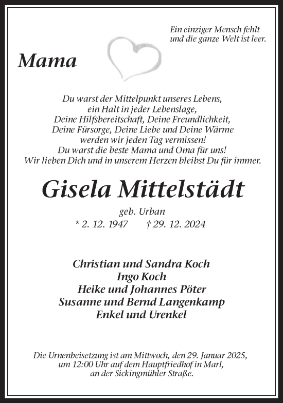 Traueranzeige von Gisela Mittelstädt von Trauer Vest