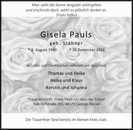 Traueranzeige von Gisela Pauls von Stadtanzeiger Castrop-Rauxel