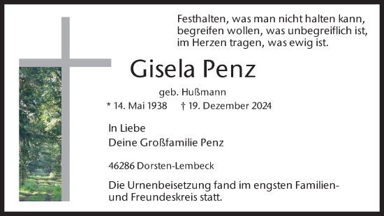 Traueranzeige von Gisela Penz von Ruhr Nachrichten und Dorstener Zeitung