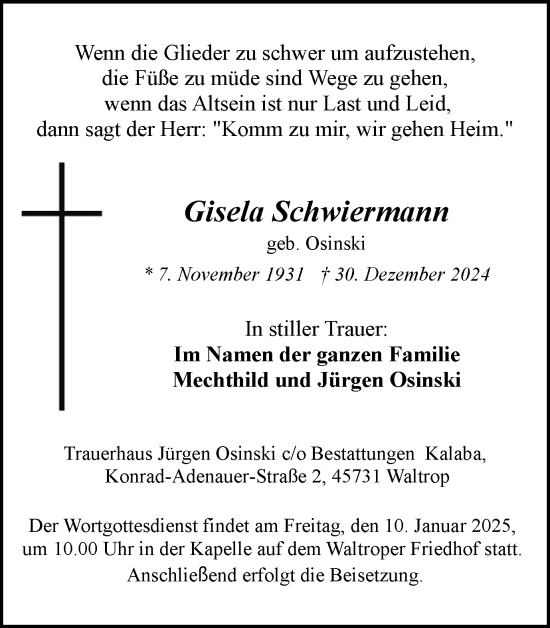 Traueranzeige von Gisela Schwiermann von Trauer Vest