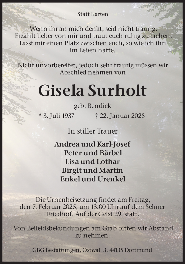  Traueranzeige für Gisela Surholt vom 01.02.2025 aus Ruhr Nachrichten