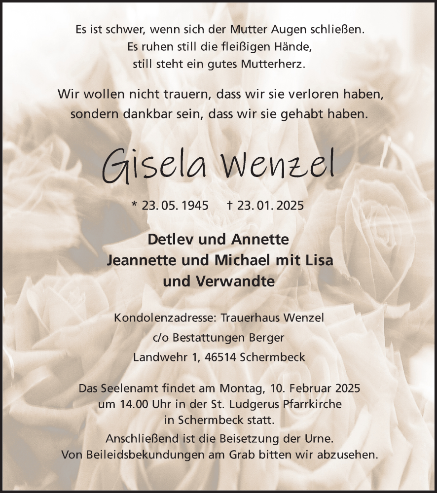  Traueranzeige für Gisela Wenzel vom 31.01.2025 aus Ruhr Nachrichten und Dorstener Zeitung