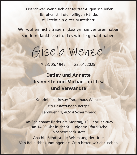 Traueranzeige von Gisela Wenzel von Ruhr Nachrichten und Dorstener Zeitung