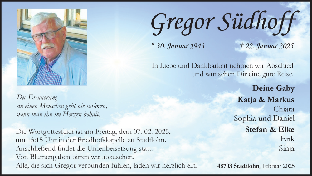  Traueranzeige für Gregor Südhoff vom 01.02.2025 aus Münsterland Zeitung
