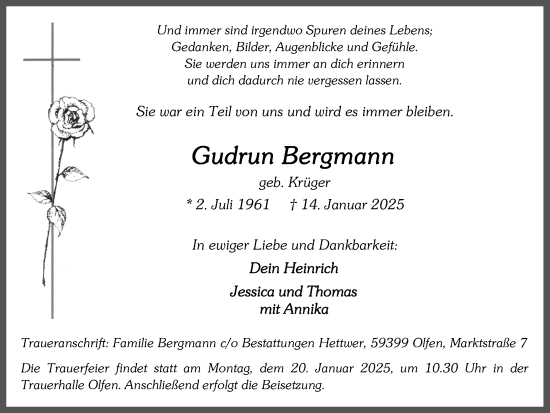 Traueranzeige von Gudrun Bergmann von Ruhr Nachrichten