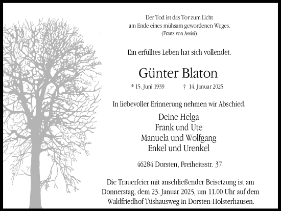 Traueranzeige von Günter Blaton von Ruhr Nachrichten und Dorstener Zeitung