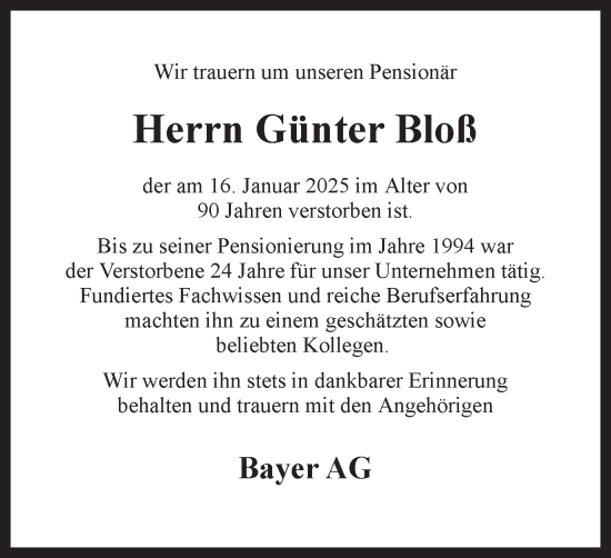 Traueranzeige von Günter Bloß von Hellweger Anzeiger