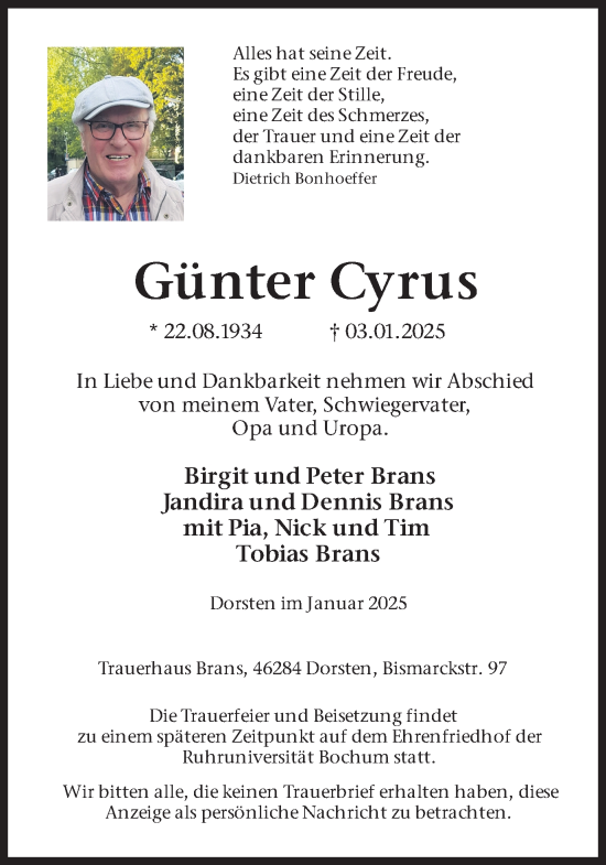 Traueranzeige von Günter Cyrus von Ruhr Nachrichten und Dorstener Zeitung