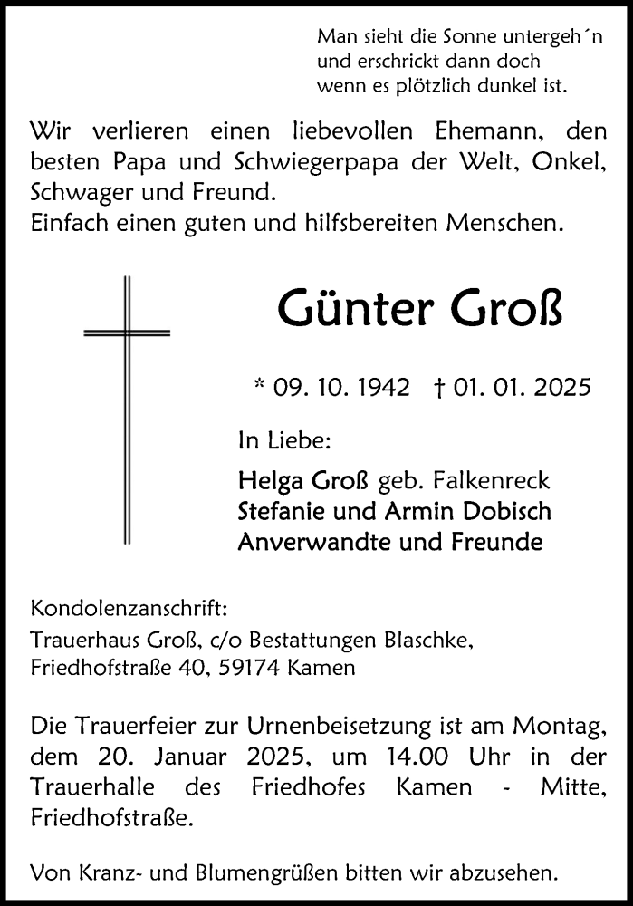  Traueranzeige für Günter Groß vom 11.01.2025 aus Hellweger Anzeiger