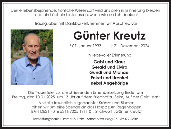 Traueranzeige von Günter Kreutz von Lüner Anzeiger