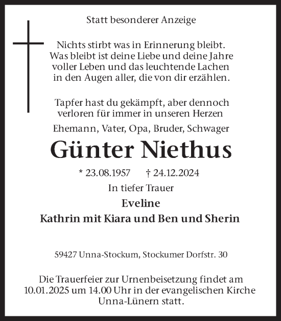 Traueranzeige von Günter Niethus von Hellweger Anzeiger