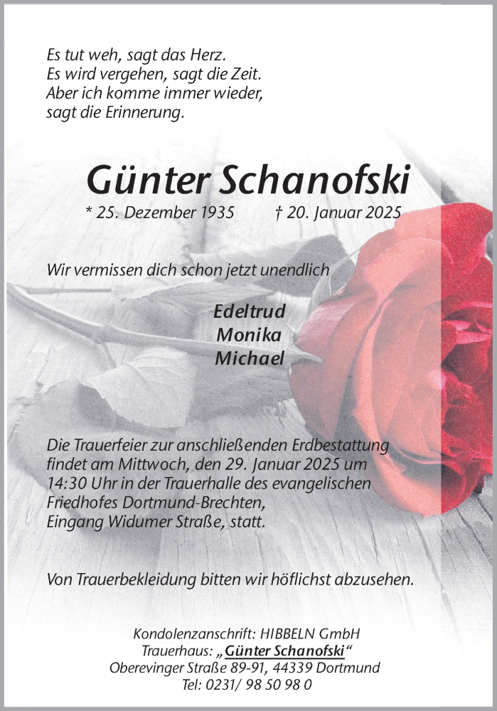  Traueranzeige für Günter Schanofski vom 25.01.2025 aus Ruhr Nachrichten