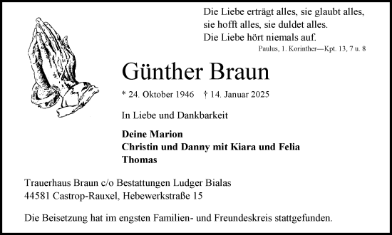 Traueranzeige von Günther Braun von Stadtanzeiger Castrop-Rauxel