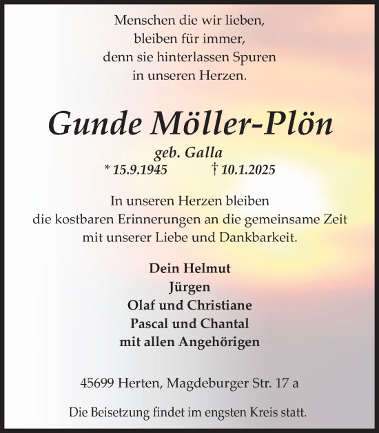 Traueranzeige von Gunde Möller-Plön von Trauer Vest