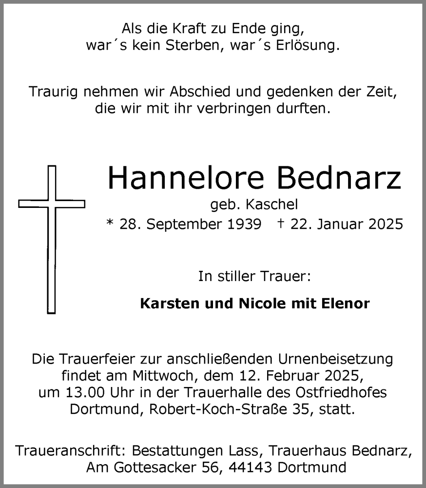  Traueranzeige für Hannelore Bednarz vom 01.02.2025 aus Ruhr Nachrichten