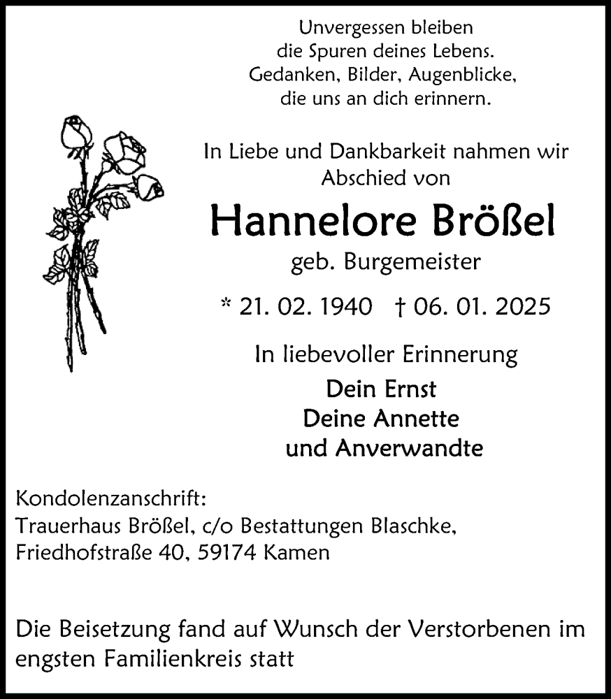  Traueranzeige für Hannelore Brößel vom 01.02.2025 aus Hellweger Anzeiger