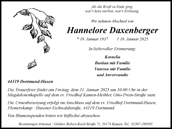 Traueranzeige von Hannelore Daxenberger von Ruhr Nachrichten
