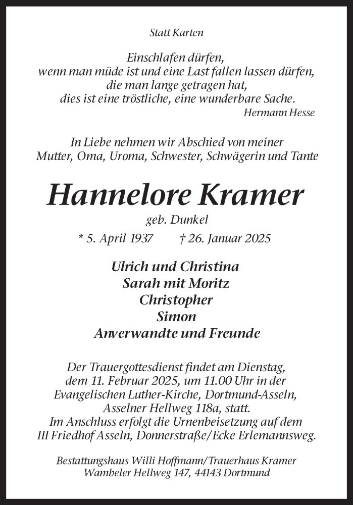  Traueranzeige für Hannelore Kramer vom 01.02.2025 aus Ruhr Nachrichten