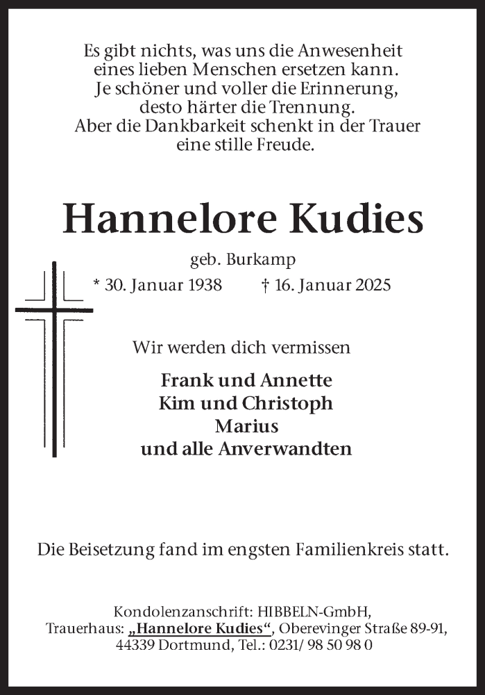  Traueranzeige für Hannelore Kudies vom 01.02.2025 aus Hellweger Anzeiger