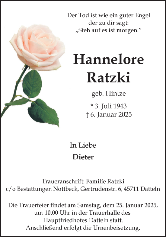Traueranzeige von Hannelore Ratzki von Trauer Vest