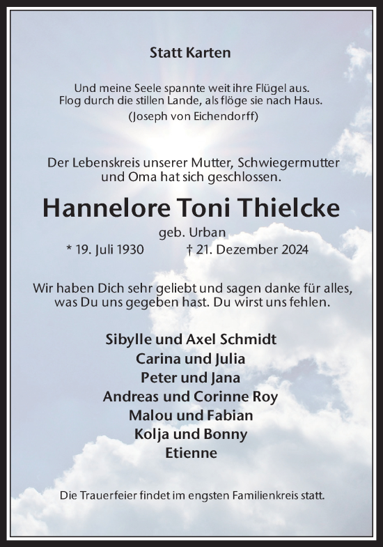 Traueranzeige von Hannelore  Thielcke von Trauer Vest