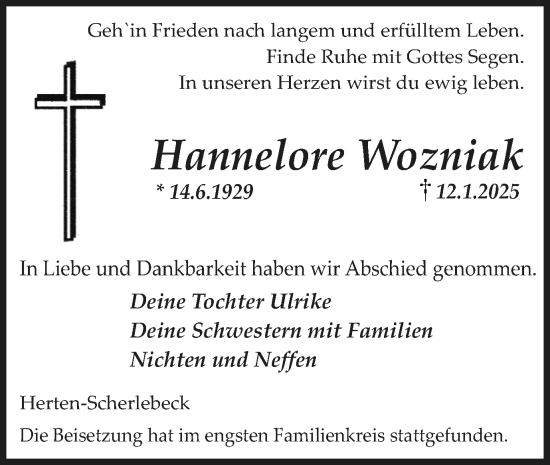 Traueranzeige von Hannelore Wozniak von Trauer Vest