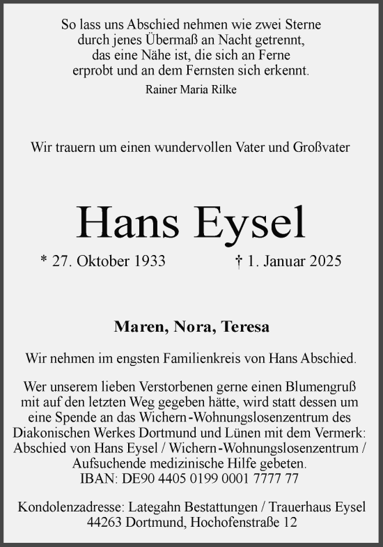 Traueranzeige von Hans Eysel von Ruhr Nachrichten